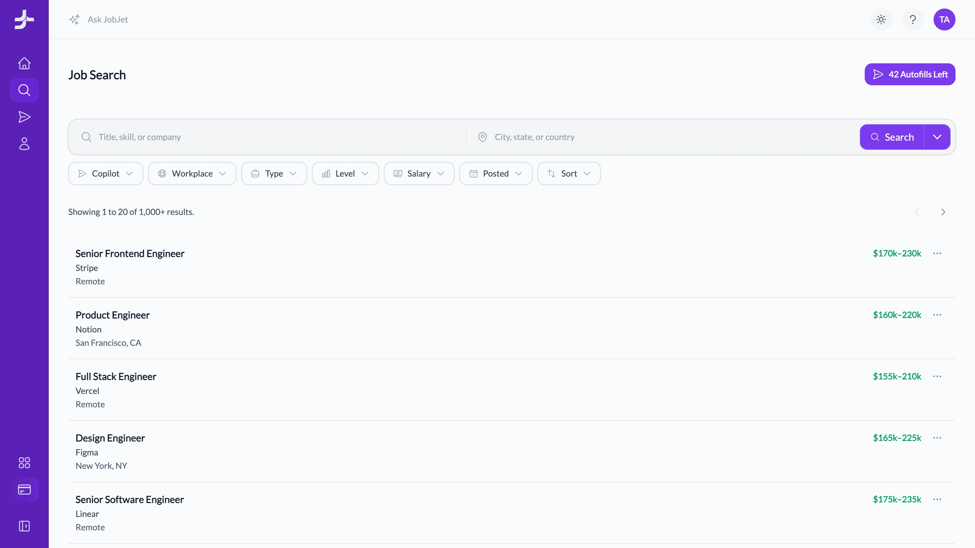 App screenshot for Jobs page.